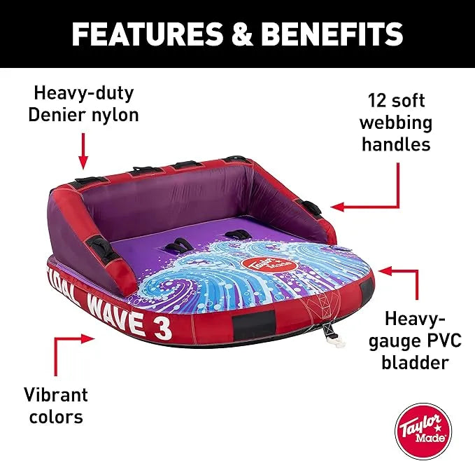 Taylor Made® Tidal Wave 3 Towable Tube, Fully Covered in a Heavy-Duty Nylon Shell 12 Webbing Handles Heavy-Gauge PVC Bladder เครื่องเล่นโซฟา